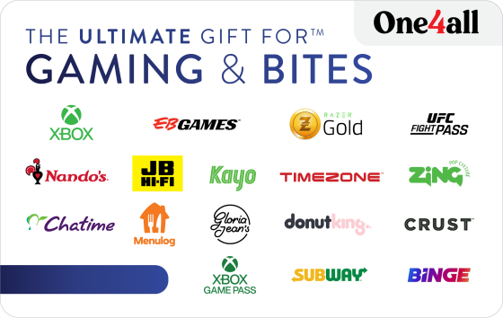One Gift, Thousands of Choices! A world of gaming awaits! The ultimate gift for the gamer (or you) in your life! Satisfy any food craving while having fun on your favourite gaming platform. Give the gift of choice from leading gaming and dining partners like JB HiFi, Menulog, Kayo, Subway, Timezone, Roblox, PlayStation, EB Games, and many more with The Ultimate Gift for  Gaming & Bites. For a full list of participating retailers and how to redeem visit www.ultimategiftcards.com.au